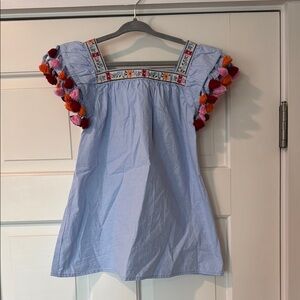 Embroidered Blue Dress with Pom Pom Sleeves